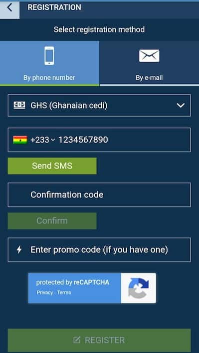 1xBet registration form