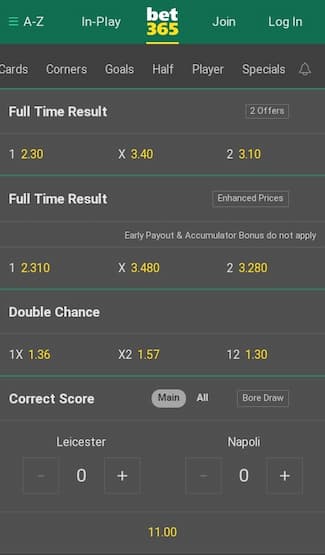 Bet365 betting markets screen