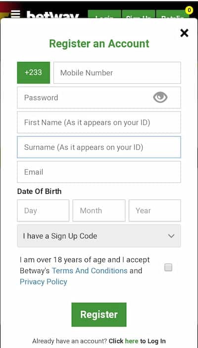 Betway registration form