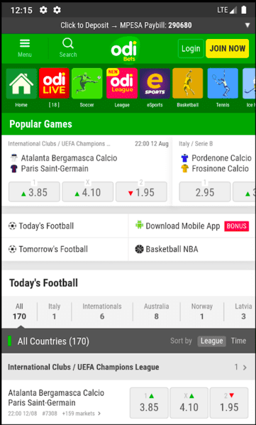 Odibets mobile app screen