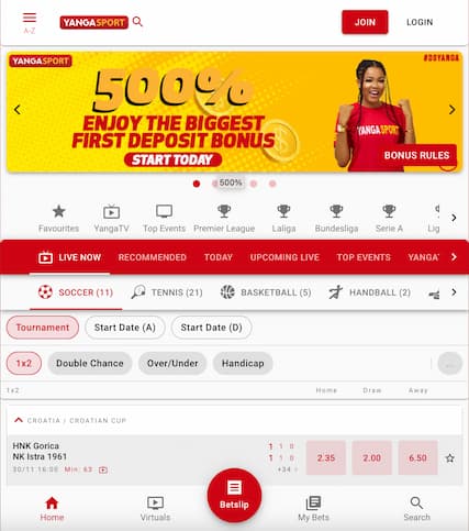 Yangasport mobile app screen