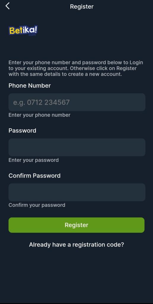 Betika app sign up screen