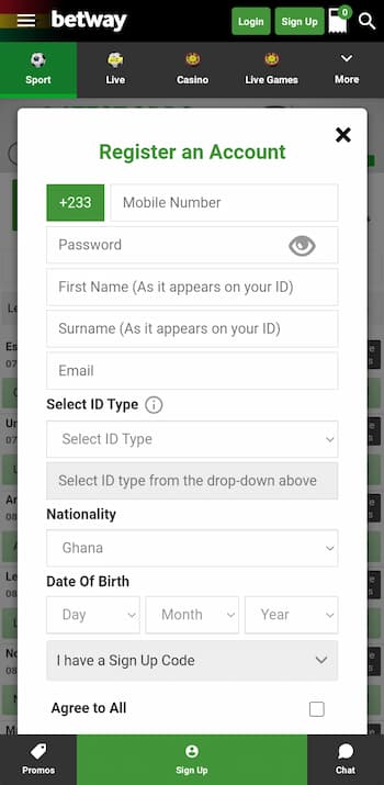 Betway app sign up screen
