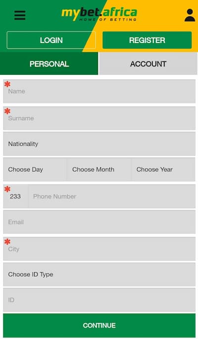 Mybet.africa app sign up screen