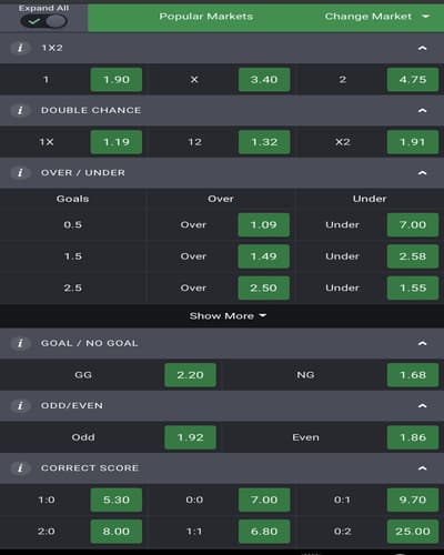 Bet9ja betting markets on app