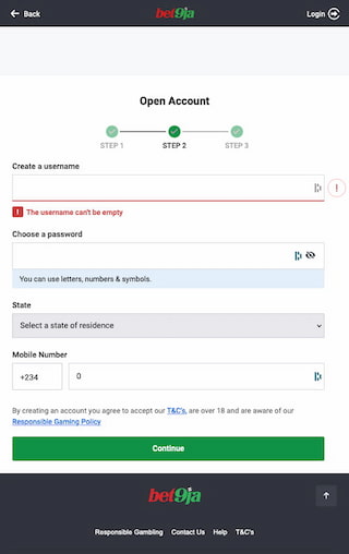 Bet9ja registration user name & password