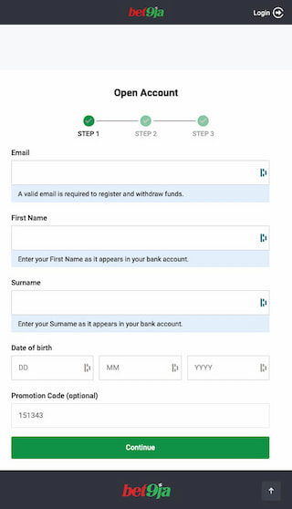 Bet9ja registration email, name etc