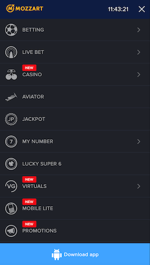 Click on the Mozzart menu to find the apk download