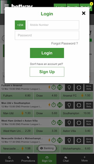 Betway Log in Screen