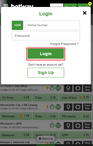 Betway login button marked