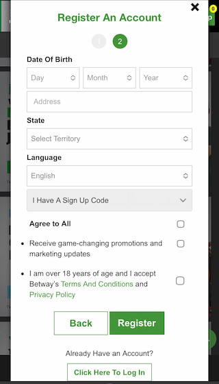 Betway Registration process