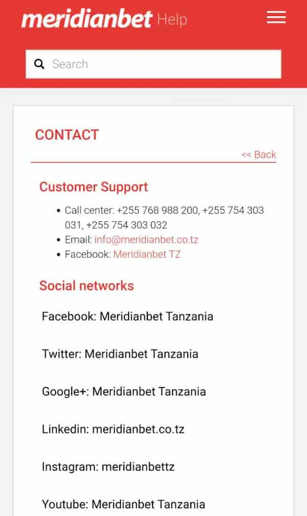 Meridianbet Tanzania contact