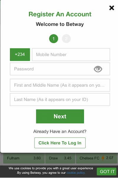 Betway Reisgration Steps 1