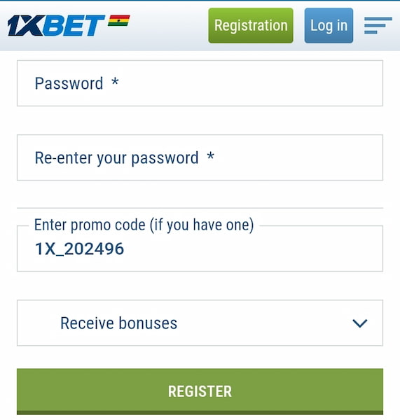 1xbet Promo Code entry in registration