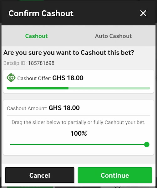 Betslip Cashout feature